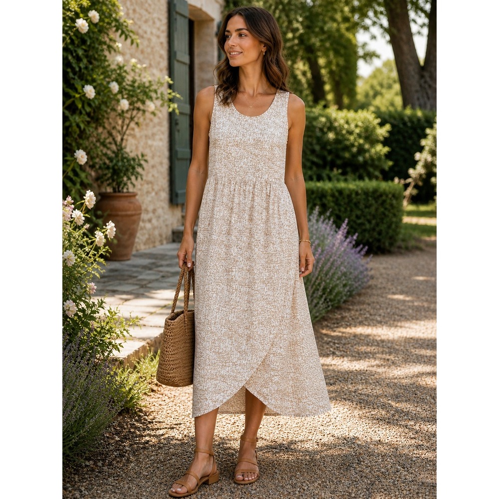 Orvis Linen Blend Midi Dress Womens Medium Beige Tan Sleeveless Pockets